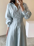 Elegant Office Lady Vintage Office Puff Sleeve Shirt Dress Women Casual Single-breasted A-Line