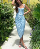 Blue Floral Mini Ruched Slit Bustier Dress-Outfit