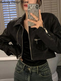 Black Cropped Leather Jacket Women Streetwear Zipper Moto Leather Jacket High Street Vintage Soft Faux Leather Coats