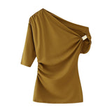 Bare Shoulder Metal Set Asymmetric Top 2025 Spring And Summer Folding Trim Short-Sleeved Women's