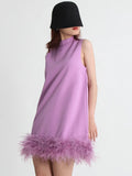 Zingj Design Sense Solid Color A-Line Skirt 2024 Spring Round Collar Sleeveless Hem Ostrich Hair Decoration Loose
