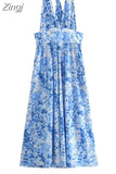 Print Halter Long Dress Women Blue Floral Backless Dress Woman Off Shoulder Sexy Summer Dresses Midi Holiday Party