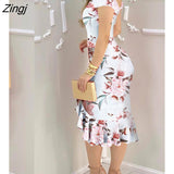 Women Fashion Elegant Sexy Off Shoulder Ruffles Slit Pink Midi Dress Summer Corset Party Floral Bodycon Dress