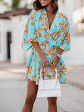 Female High Waist Party Dress Retro Pattern Print Women Bohemian Dress Summer New Sexy V Neck Bat Sleeve A-Line