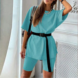 Solid Outfits Women's Two Piece Suit with Belt Home Loose Sports Tracksuits Fashion Bicycle Summer Hot Suit