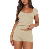 Lace Splicing Home Two-Piece Set Of Body-Repair Collar Knitting Short Suit Women's Multi-Color Leisure