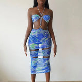 Women Summer Sexy Halter Printed Hollow Out Bodycon Sleeveless Backless Beach Dress 2021 Female Clothing