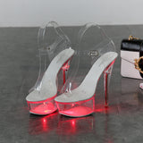 Zingj 34-43 Sexy Super High Heels Luminous Thin Heel Waterproof Platform Sandals Transparent Model Crystal Shoes Wedding