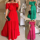 Spot 2025 Spring New Women's Fashion One-Line Shoulder Short Sleeve Large Place Long