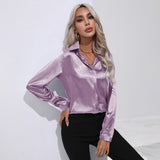 Autumn Satin Shirt Women V Neck Long Sleeve Office Shirt Blouses Ladies Black White Silk Loose Shirts For