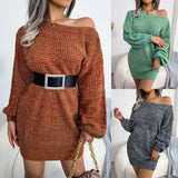 Autumn And Winter Leisure Word Collar Shoulder Color Lantern Sleeve Knitted Sweater Skirt Burst