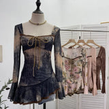 Spring And Summer New French Style Tie Dyed Horn Long-Sleeved Lace Side Design T-Shirt