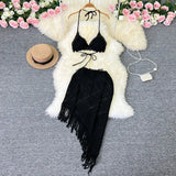 Zingj Ins Vacation Style Suit Female Design Sense Bikini Hanging Neck Vest Versatile Tassel Skirt Knit Two