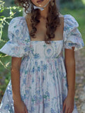 Square Neck Pleated A-Line Dress Spring Summer Short Sleeve Loose Floral Print Dress Women Elegant Puff Sleeve Party