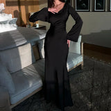Zingj New Black Strap Slim Satin Dress Fall Women's Horn Sleeves Wrapped Hip Dress-Outfit