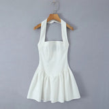 Solid Halter Slash Collar Mini Dress- Outfit