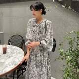 Zingj Chic Spring French Vintage V-Tie Bow Ink Print Design Loose Long Sleeve