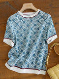 Vintage Printed Thin Chiffon Pullover Tops T Shirt Women Fashion Casual Elegant Chic Silk Satin Loose