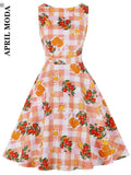 Arrivals Sleeveless Plaid Swing Flare Summer Dress Orange Fruit Printed 50s Elegant Party Wear A Line Midi Office
