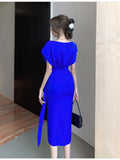 New Elegant Midi Lace Up Dress For Women Solid One Piece Slim Clothing Femme Fashion Office Lady