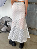 Retro Women Y2K Fairy Grunge Long Skirts Vintage Lace Floral Mesh Sheer See Through Bow Tie up Skirts Beachwear