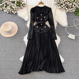 And Autumn Korean Version Of Socialite Temperament Fake Two Long-Sleeved Square Collar Lace Receiving Waist A Large Swinging Pleated