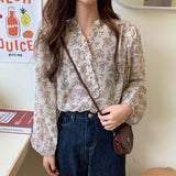 Print Women Shirt V-neck Chiffon Blouse Long Sleeve Women Tops Autumn Blusa Chic Cardigan Loose Chemisier Femme