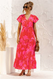 Queens Women Floral Print Short Sleeve Beach Bohemian Maxi Dress Robe Ladies V-neck Boho Dresses