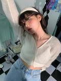 Korean Candy Colors Cashmere Mohair Cardigan Women Purple Crop Tops Autumn Deep V-neck Knitted Sweaters Fashion