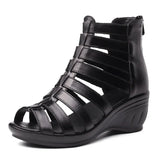 2021 Summer Genuine Leather Gladiator Sandals Women 5.5cm High Heels Classic Black Peep Toe Hollow Ladies Sandals