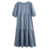 White Cotton Puff Sleeve Dress Woman Summer Midi Dress Short Sleeve Cascading Ruffles Blouses