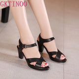 New Open Toe Genuine Cowhide Leather Sandals Women Shoes High Heel Sandals Fashion Casual Shoes Women Sandals Plus