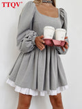 Elegant Gray Square Collar Dresses For Women 2022 Autumn Lantern Sleeve Cascading Ruffle Dresses Fashion Patchwork
