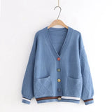 Cardigan Knitted Sweater Women Fashion Lazy Wind Loose Striped Pockets V-neck Long-sleeved Sweater Female