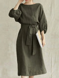 Women Cotton Linen Loose Dresses Spring New Lantern Sleeve Solid Midi Maxi Dress Casual O Neck Belt Waist Shirt