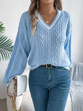 Autumn And Winter New College Style V-Necked Lantern Long-Sleeved Sweater Women's