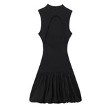 Knitted Hollow Out Back Mini Balloon Dress-Outfit