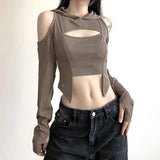 Zingj Sexy Hot Girl Summer New Women's Solid Color Slim Crop Street Fashion Hooded Long Sleeve T-Shirt-Outfit