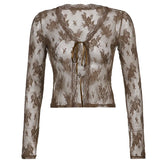 White Lace Sexy Mesh Cropped T Shirt Ladies Autumn Grunge Gothic T-shirt Women See Through Long Sleeve Tee