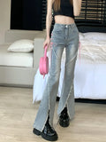 Zingj Slit Micro Horn Jeans Female Design Sense Niche Pink Strap High Waist Show Skinny Hot Girl