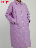 Elegant Lapel Purple Trench Coat For Women Winter Long Sleeve Thick Warm Pockets Coats Casual Long Trench Coat