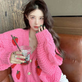 Women Harajuku Strawberry Loose Cardigan Sweater Fall Fashion Long Sleeve Korean Tops Chic Female Preppy Style Y2k