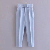 Solid Women Suit Pants Office Lady Empire Waist Belt Trousers Elagant Sashes Casual Chic