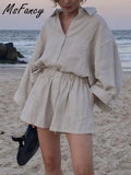 Two Piece Set Women 2022 Cotton Shorts Sets Vintage Boho Oversized Shirt High Waist Loose Shorts Mujer