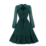 Lantern Long Sleeves Polka Dot Printed Midi Dress Women Elegant Vintage Hollow Out Autumn Swing Pinup Dresses Robe