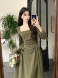 Elegant Party Casual Lady Long Dresses Retro Folds Puff Sleeves Fashionable Sexy Design Slimming Waist Green Dress 211-0-Outfit