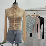 Real Shooting 2024 New Hot Diamond Half-High Collar Perspective Thin-Bottomed Shirt Mesh Top Beautiful Chic Shirt