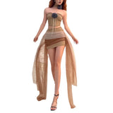 2024 Summer New Women's Three-Dimensional Flower Decoration Wrapped Chest Umbilly Vest Mesh Half-Dress