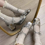 Wind Square Shallow Bow Bow Small Leather Shoes Women's Net Red Explosive Fashion Temperament Trend Coarse Heel Increase Single