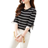 Photo Ice Silk T-Shirt Women's New Spring And Summer Sweater Seven Minute Sleeve Versatile Short Sleeve Loose Stripe